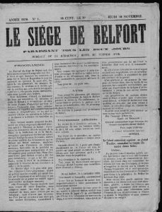 La une du Siège de Belfort du 10 novembre 1870 ADTB, pr 150 / C1473