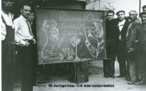 dessin stylisant la grève (1936), photographie 9x14 cm, collection « Montel ».